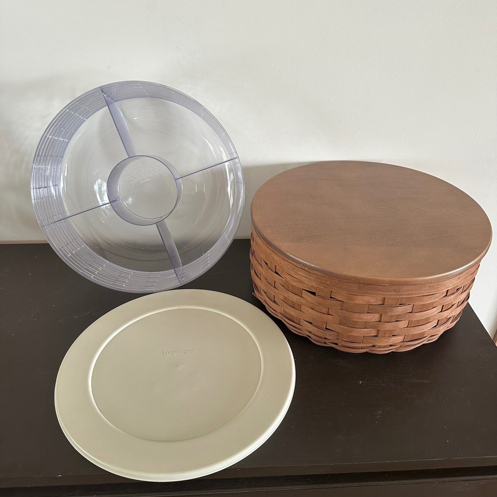 Longaberger Round Woven Basket Wood Lid Divided Bowl Lid 40454 Entertaining